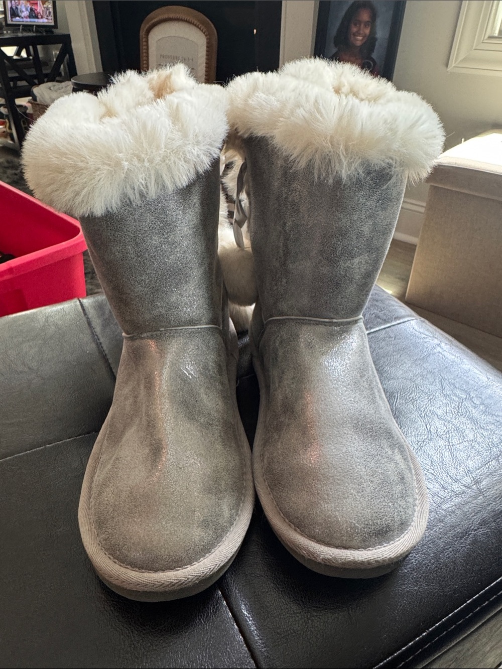 Rampage Metallic Silver Faux Fur Trim Kids Boots